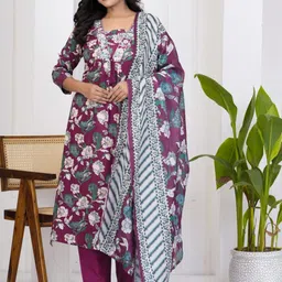 Art Avenue Floral Printed Pure Cotton Three Quarter Sleeves Kurta & Trousers With Dupatta-picture-5