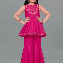BAESD Girls Ethnic Motifs Woven Design Round Neck Anarkali Kurta And Sharara-31