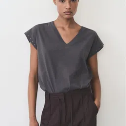 MANGO V-Neck Studded Extended Sleeves Pure Cotton T-shirt-image-37