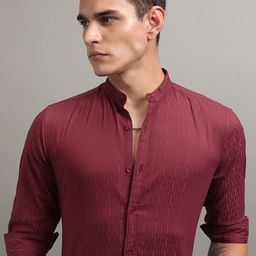HIGHLANDER Men Band Collar Textured Cotton Casual Shirt-picture-5