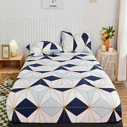 JC HOME Blue & Navy Blue Abstract Printed 140 TC Fitted King Bedsheet Set 2 x 1.8 m-22
