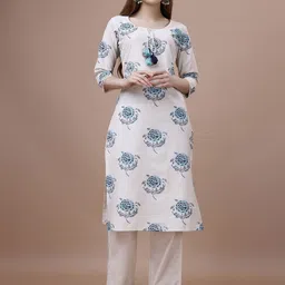 Ode by House of Pataudi Floral Printed Tie-Up Neck Cotton Straight Kurta-image-18