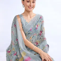 Mitera Floral Zari Linen Blend Saree-29