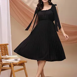 YANAMORA Women Crepe Fit & Flare Dress with Shoulder Tie-ups-picture-22