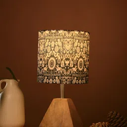 green girgit Brown & Black Printed Cylindrical Shaped Wooden Table Lamp with Bulb-3