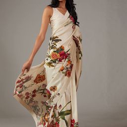 Mitera Floral Printed Banarasi Saree with Blouse Piece-picture-1