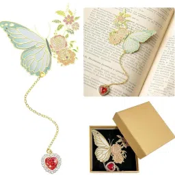 Metal Butterfly Bookmark with Red Heart Chain Pendent Cute Funny Metal Bookmark Metal Butterfly Bookmark Bookmark-image-3