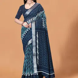 Abhilasha Geometric Printed Zari Pure Linen Maheshwari Saree-3