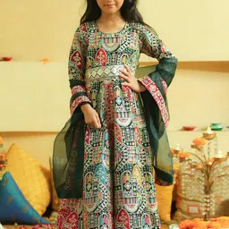 Alyaansh Couture Girls Ethnic Motifs Printed Pure Cotton Kurta with Trousers & Dupatta-picture-11
