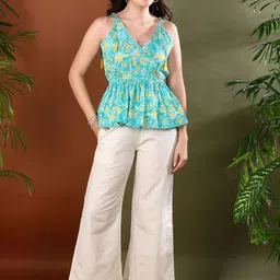 Stylum Floral Printed V-Neck Sleeveless Pure Cotton Top With Trouser-image-83