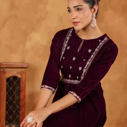 Janasya Ethnic Motifs Embroidered Keyhole Neck Zari Velvet Kurta with Palazzos-picture-4