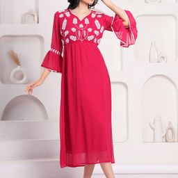 HIGHLIGHT FASHION EXPORTWomen V-Neck Bell Sleeve Jacquard Fit & Flare Midi Dress-image-99