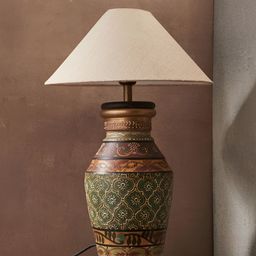 Fabindia Abha Yellow & Green Textured Ceramic Frusturical Shaped Table Lamp-picture-4