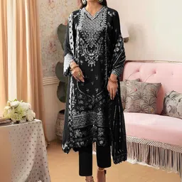 ODETTE Floral Embroidered Semi-Stitched Dress Material-image-93