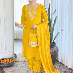Moda Rapido Women Embroidered Regular Chanderi Silk Kurta with Trousers & Dupatta-picture-50