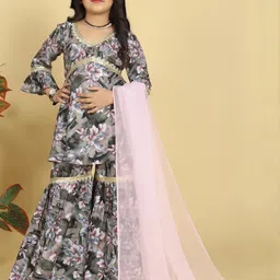NIVUDI Girls Floral Printed Angrakha Sequinned Kurta with Sharara & With Dupatta-picture-4