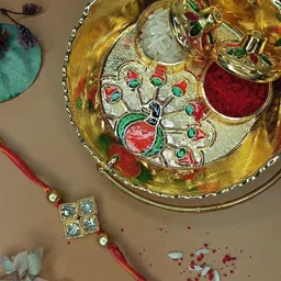 Anouk Stones Studded Diamond Shaped Rakhi With Pooja Thali Greeting Card & Roli Chawal-13
