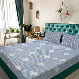 KLOTTHE Blue & Off White Geometric 300 TC King Bedsheet with 2 Pillow Covers-image-38