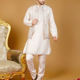 Wintage Embroidered Thread Work Mandarin Collar Straight Kurta With Pyjamas And Jacket-picture-31