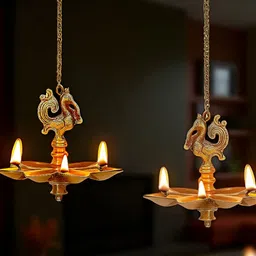 DULI 2Pcs Yellow Textured Hanging Peacock Diyas-picture-39