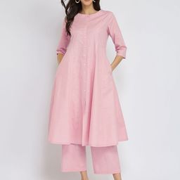 Pink Fort Luxe-Textured Cotton Solid Kurta Set - Pink-27