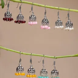 Sangria Set Of 5 Silver Plated Artificial Beads Beaded Dome Shape Oxidized Jhumkas-8