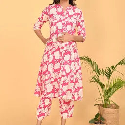 GOLDSTROMS Floral Printed Mandarin Collar A-Line Maternity Kurta With Trousers-picture-53