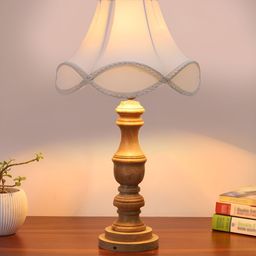 Devansh Off White & Brown Textured Wooden Frustum Shaped Table Lamp-15