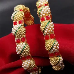 AARNAA Set Of 2 Gold-Plated Kundan-Pearl Studded Bangles-11