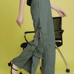 Bene Kleed Women Flared High-Rise Pleated Chinos Trousers With Side Tie Up-image-99