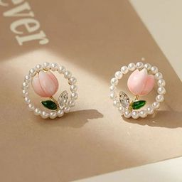 M55 Korean Gold-Plated Artificial Stones Studded & Pearls Beaded Floral Shaped Studs-18