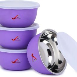 Stainless Steel, Polypropylene Serving Bowl Microwave Safe Plastic Coated Bowl Set with Lids Approx. 500ml x 14cms Each-0