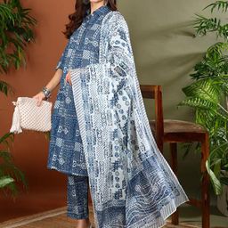 YASH GALLERY Women Printed Regular Pure Cotton Kurta with Trousers & With Dupatta-image-13