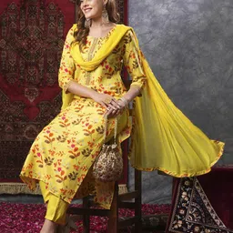KALINI Floral Printed Regular Thread Work Straight Kurta with Trousers & Dupatta-9