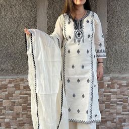 KALINI Floral Embroidered Thread Work Straight Kurta With Palazzos & Dupatta-5