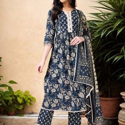 Anouk Floral Printed Notch Neck Pleated Pure Cotton Anarkali Kurta With Trousers & Dupatta-image-87