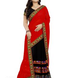 DIVASTRI Embellished Mirror Work Poly Georgette Half and Half Saree-picture-5