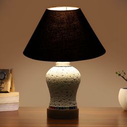 Devansh Black & White Printed Frustum Shaped Wooden Table Lamp image 3