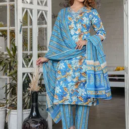 SINGNI Floral Printed V-Neck Pure Cotton Straight Kurta With Trousers & Dupatta-21
