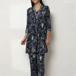 Rangriti Floral Printed Notch Neck A-Line Tunic With Trouser-image-8