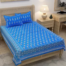 Lali Prints Blue & White Ethnic Motifs 180 TC Single Bedsheet with 2 Pillow Covers-image-45