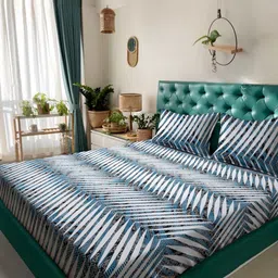 HOSTA HOMES White & Blue Geometric 300 TC King Bedsheet with 2 Pillow Covers-image-45