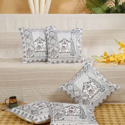 SOKNACK White & Grey 5 Pieces Ethnic Motifs Velvet Square Cushion Covers-25