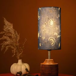 green girgit Blue Printed Wood Cylindrical Shaped Table Lamp-picture-0