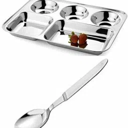 Stainless Steel Lunch/Dinner Plate/Bhojanthali 5 Compartments with Spoon Dinner Plate-11
