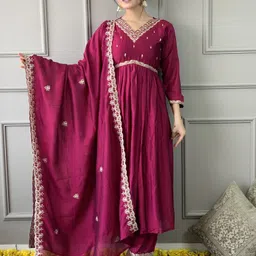 KALINI Floral Embroidered V-Neck Pleated Anarkali Kurta With Trouser & Dupatta-37