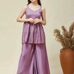 CurlyTales Girls Floral Embroidered Thread Work A-Line Kurta With Sharara-image-74