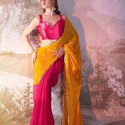 HERE&NOW Colourblocked Embroidered Poly Chiffon Tussar Saree-image-58