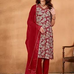Anouk Red Floral Printed V-Neck Thread Work Chanderi Silk Kurta with Trouser & Dupatta-picture-40
