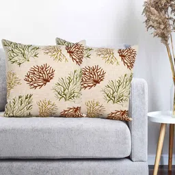 Vinayaka Fab Cream And Green 2 Pieces Embroidered Linen Square Cushion Covers-image-63